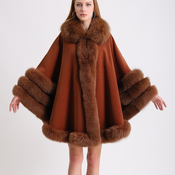 Cashmere cape with mahogany brown fox fur trim, Winter women's poncho, Easy-to-wear cape with real fox fur trim, Standard size fits all