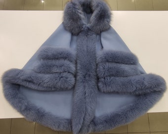 Piel de zorro real bordada capa de cachemira azul, poncho de invierno para mujer, capa fácil de usar, tamaño estándar se adapta a todos