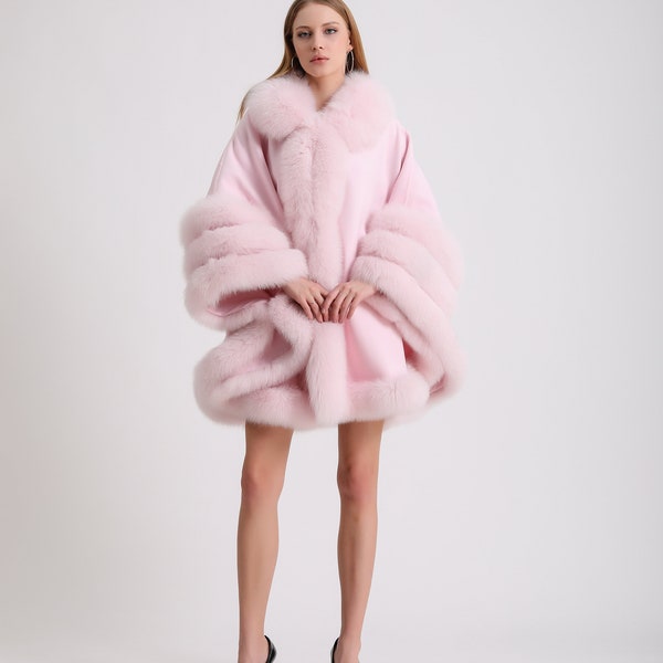 Cashmere cape with Pink fox fur trim, Winter women's poncho, Easy-to-wear cape with real fox fur trim, Standard size fits all