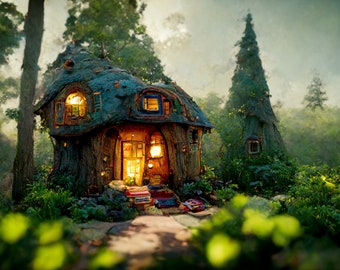 Cabaña Arbolada - Arte generado por IA, imagen imprimible, impresiones digitales, descargas digitales realistas, diseño de interiores