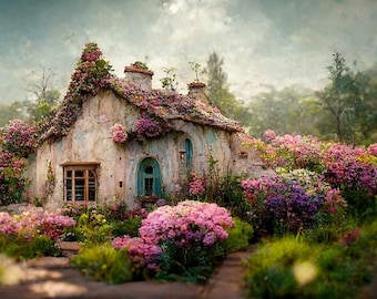 Cabaña de jardín, decoración acogedora para el hogar, arte mural, hermoso arte estético de cabaña, descarga digital instantánea, arte con IA, uso personal y comercial