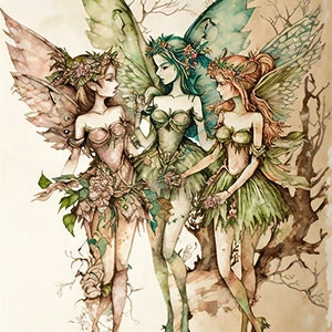 3 FEEN, sprookjesillustratie, digitale kunst, downloads, AI-kunst, fantasykunst, downloadbare digitale afbeeldingen, prenten, theebruin illustratief kunstwerk
