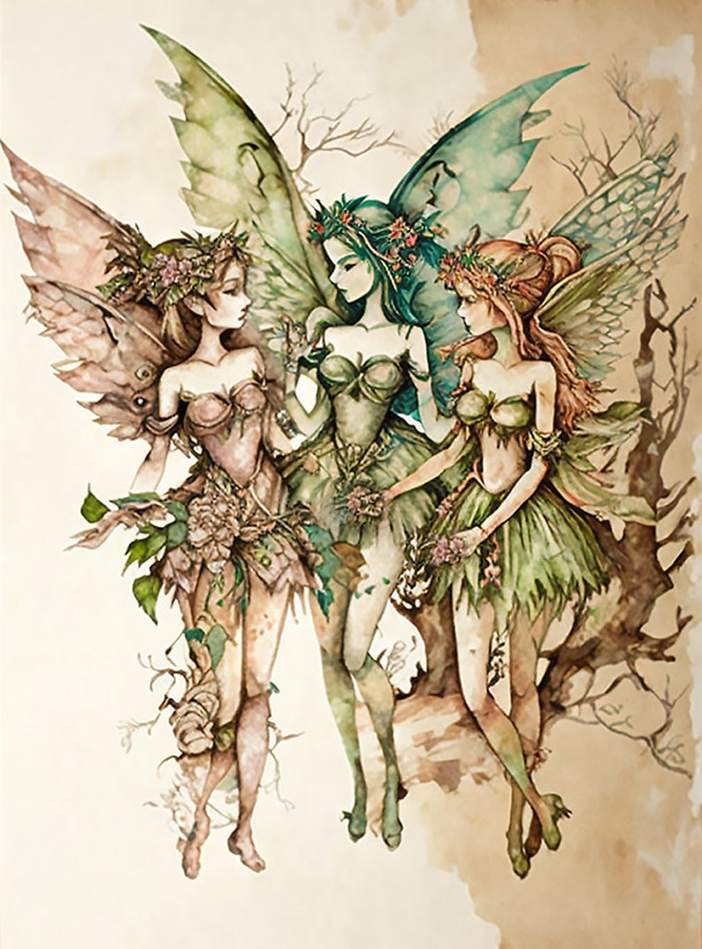 3 FAIRIES, fairy Illustration, Digital art, Downloads, AI art, Fantasy Art, Downloadable Digital, Prints, Tea Brown illustrative Artwork image 1