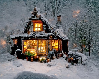 Winter Cottage 2 - AI Art Created, Printable Image Download, Cottage Core, For Arts and Crafts