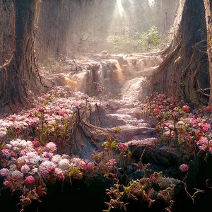 Forest Flower Garden Water Falls Forest Visual Art Wall Art Instant Download AI Fantasy Print Gift for Her Lucid Art