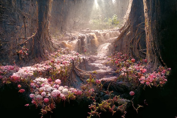 Wald Blumen Garten Wasserfälle Wald Visuelle Kunst Wand Kunst Sofortiger  Download AI Fantasy Druck Geschenk für Ihre Lucid Art