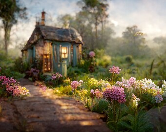 IMPRESIÓN DE CABAÑA DE JARDÍN, Impresión de imagen de cabaña, Impresión de imagen de jardín, Impresión artística de cabaña de jardín floral realista de diseño de interiores
