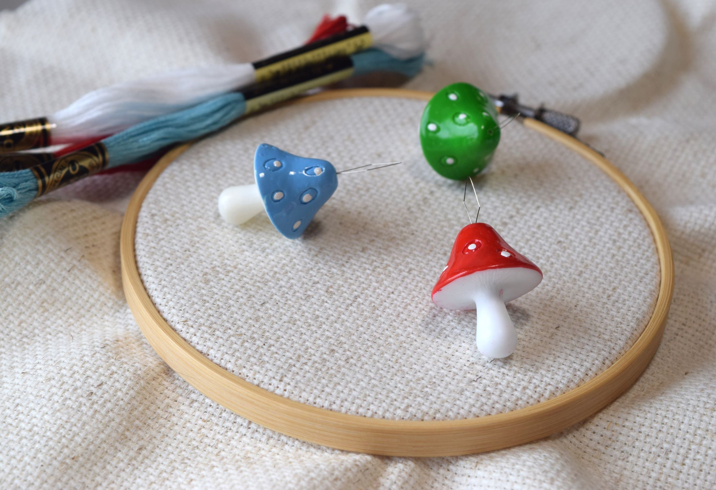 Mushroom Needle Threaders Red, Green & Blue