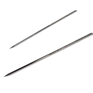 May include: Two silver metal tools with pointed tips. The tool on the top is smooth, while the tool on the bottom has a textured surface.