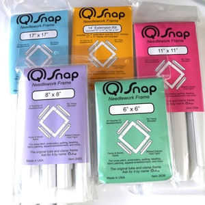 May include: Five different sizes of QSnap needlework frames in various colors. The frames are made of white plastic and have a ribbed clamp to hold the fabric tight. The frames are designed for cross stitch, embroidery, quilting, beading, fabric painting, and apparel embellishment. The frames are available in 6x6 inches, 8x8 inches, 11x11 inches, 14x14 inches, and an extension kit to convert a 11x11 inch frame to a 14x14 inch frame.