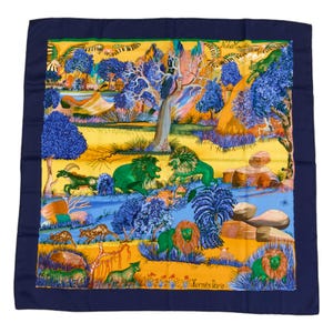 Hermes Silk Scarf Carre 90 &quot;Nuba Mountain&quot; Blue Silk Scarf