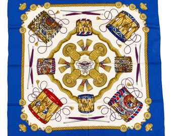 Hermes Silk Scarf Carre 90 "LES TAMBOURS" Blue Silk Scarf  US Duty Free
