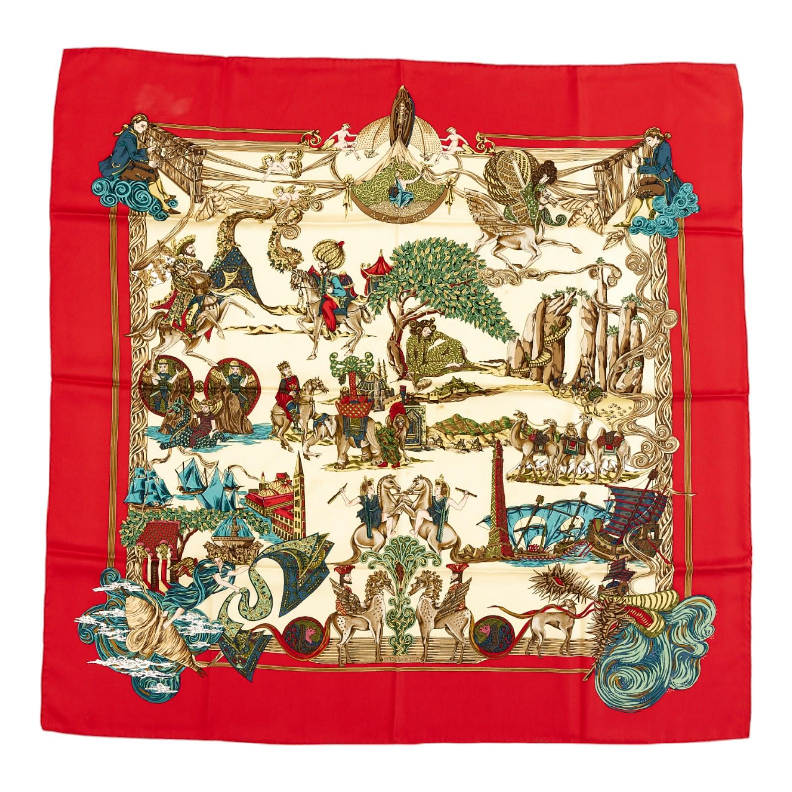 エルメス シルクスカーフ カレ90「Au FIL de la SOIE」 レッド シルク