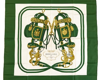 Hermes Silk Scarf Carre 90 "BRIDES de GALA" Green Silk Scarf  US Duty Free