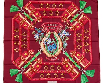 Hermes Silk Scarf Carre 90 "aux champs" Red Silk Scarf  US Duty Free