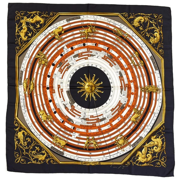 Hermes Silk Scarf Carre 90 "Dies et Hore" Black Silk Scarf
