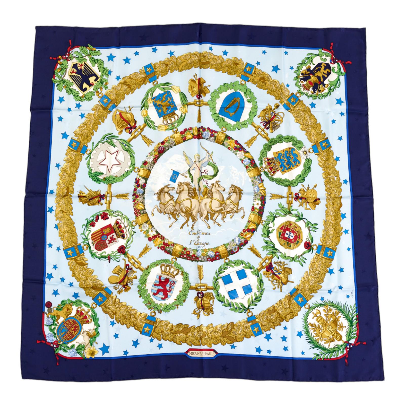 Hermes Silk Scarf Carre 90 "Emblemes de l'Europe" Blue Silk Scarf