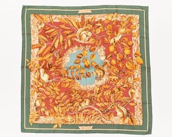 Hermes Scarf 90 "Casse Noisette Squirrel" Green 100% Silk Scarf 35"