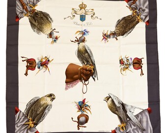 Hermes Silk Scarf Carre 90 "Chasse a Vol" Grey Silk Scarf  US Duty Free