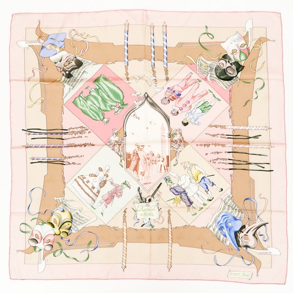 Hermes Scarf 90 "Le Carnaval de Venise" Pink 100% Silk Scarf 35"