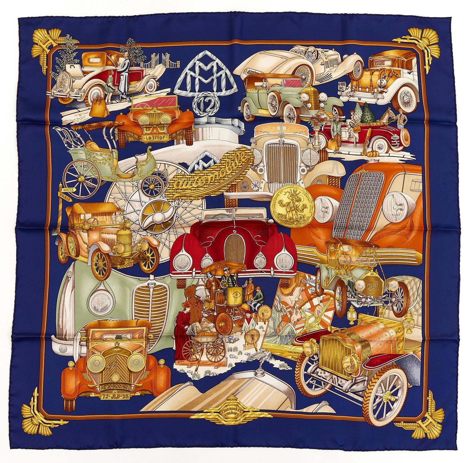 HERMES　カレ90 SCARF　AUTOMOBILE　FRANCEMADE Hermes Silk Scarf Carre 90 