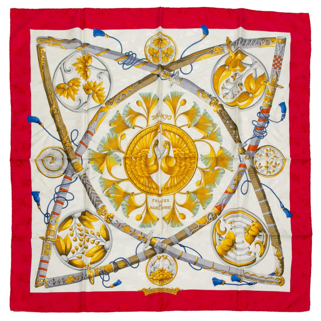 HERMES SCHAL 90 Daimyo Princes Du Soleil Levant Rot, Gold 100 