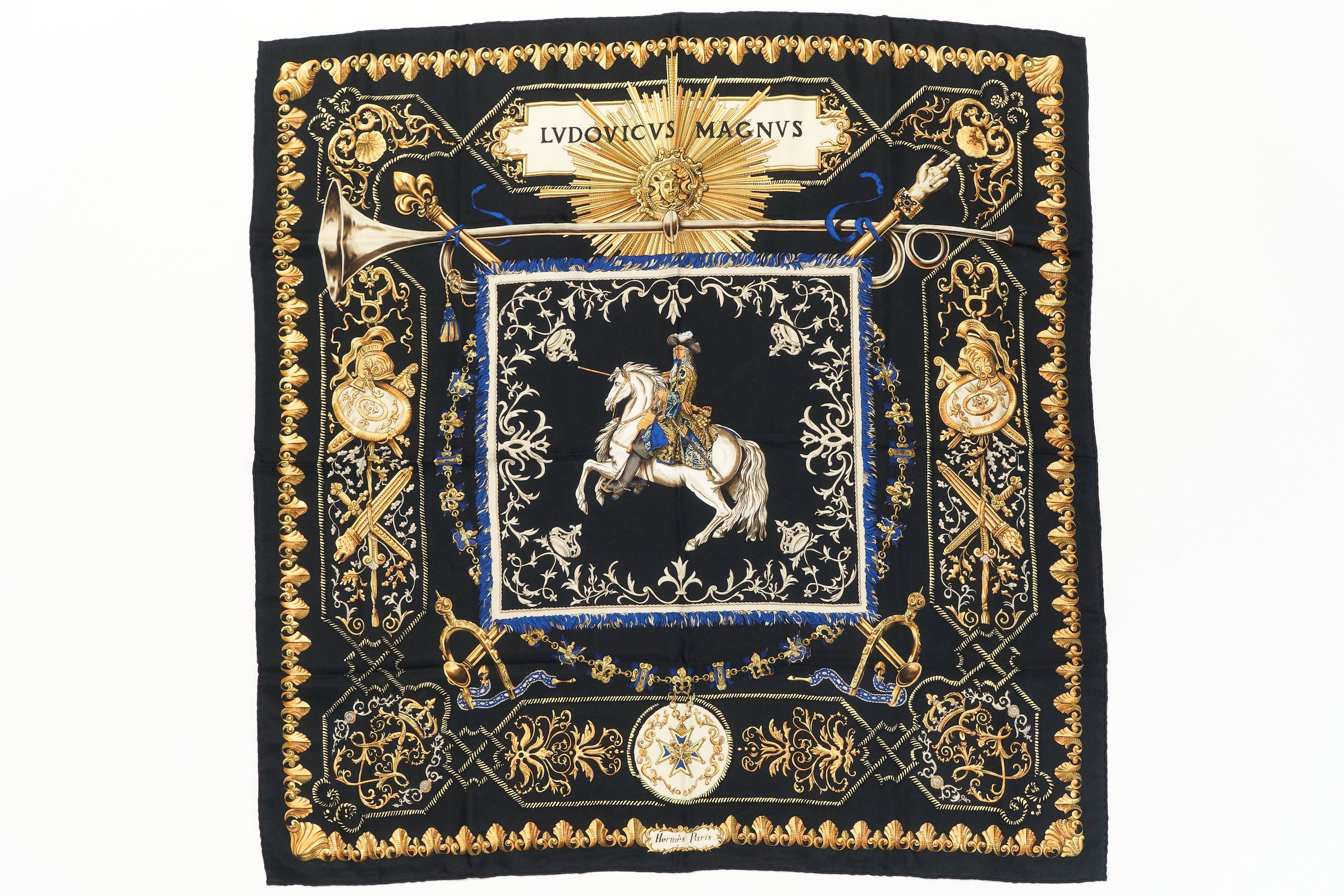 Hermes Scarf 90 lvdovicvs MAGNVS Black 100% Silk 