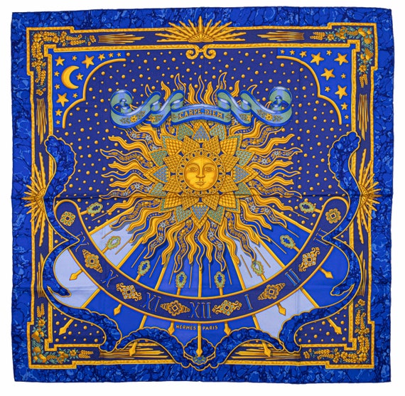 Hermes Scarf 90 "CARPE DIEM" Blue 100% Silk Scarf… - image 1