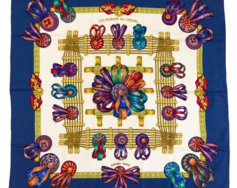 Hermes Silk Scarf Carre 90 "Les Rubans du Cheval" Blue Silk Scarf  US Duty Free