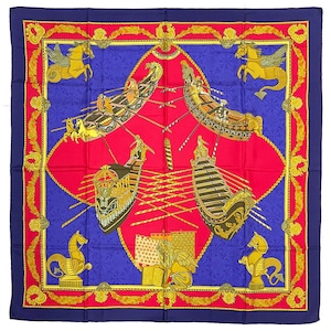 Hermes Scarf 90 &quot;Les Bisson de Venise&quot; Blue , Navy, 100% Silk Scarf 35&quot;