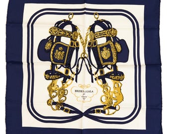 Mint! Hermes Silk Scarf Carre 45 "BRIDES de GALA" Blue Silk Scarf  US Duty Free