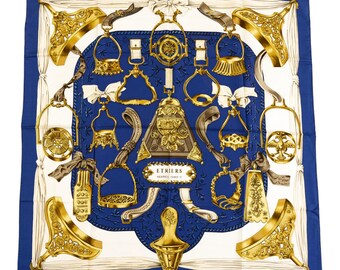 Hermes Silk Scarf Carre 90 &quot;ETRIERS&quot; Blue Silk Scarf