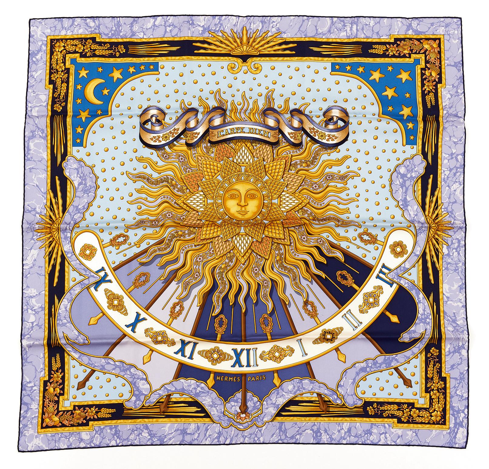 エルメス シルクスカーフ カレ 90 「CARPE DIEM」 パープル シルク