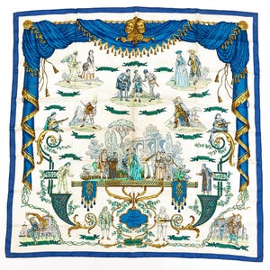 Rare Hermes Silk Scarf Carre 90 &quot;La Comedie Italienne&quot; Blue Silk Scarf