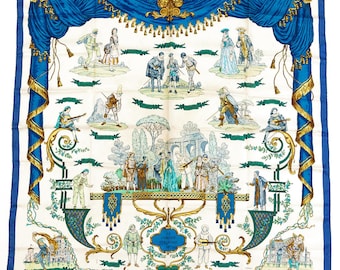 Rare Hermes Silk Scarf Carre 90 "La Comedie Italienne" Blue Silk Scarf