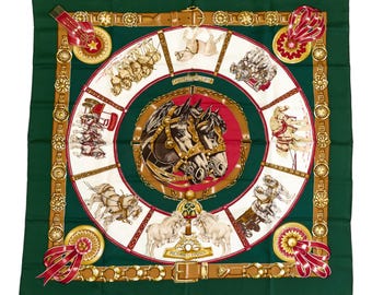 Hermes Silk Scarf Carre 90 &quot;CHEVAUX DE TRAIT&quot; Green Silk Scarf