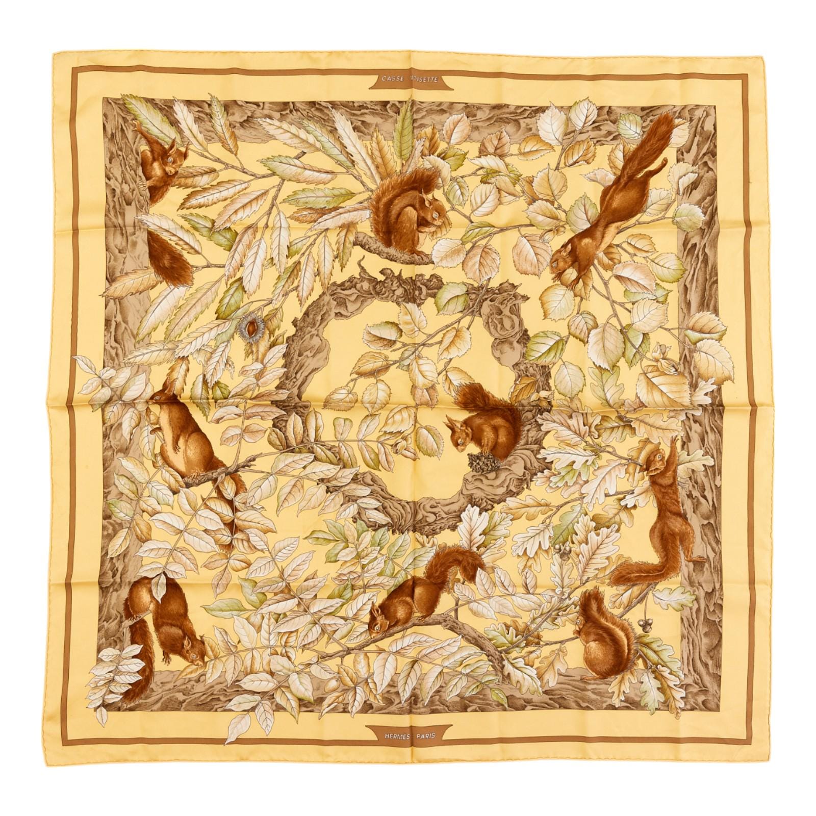 お値下げ中 エルメス カレ90 スカーフ リス柄 エルメス シルクスカーフ カレ90 「リスのカセ」 イエロー シルク