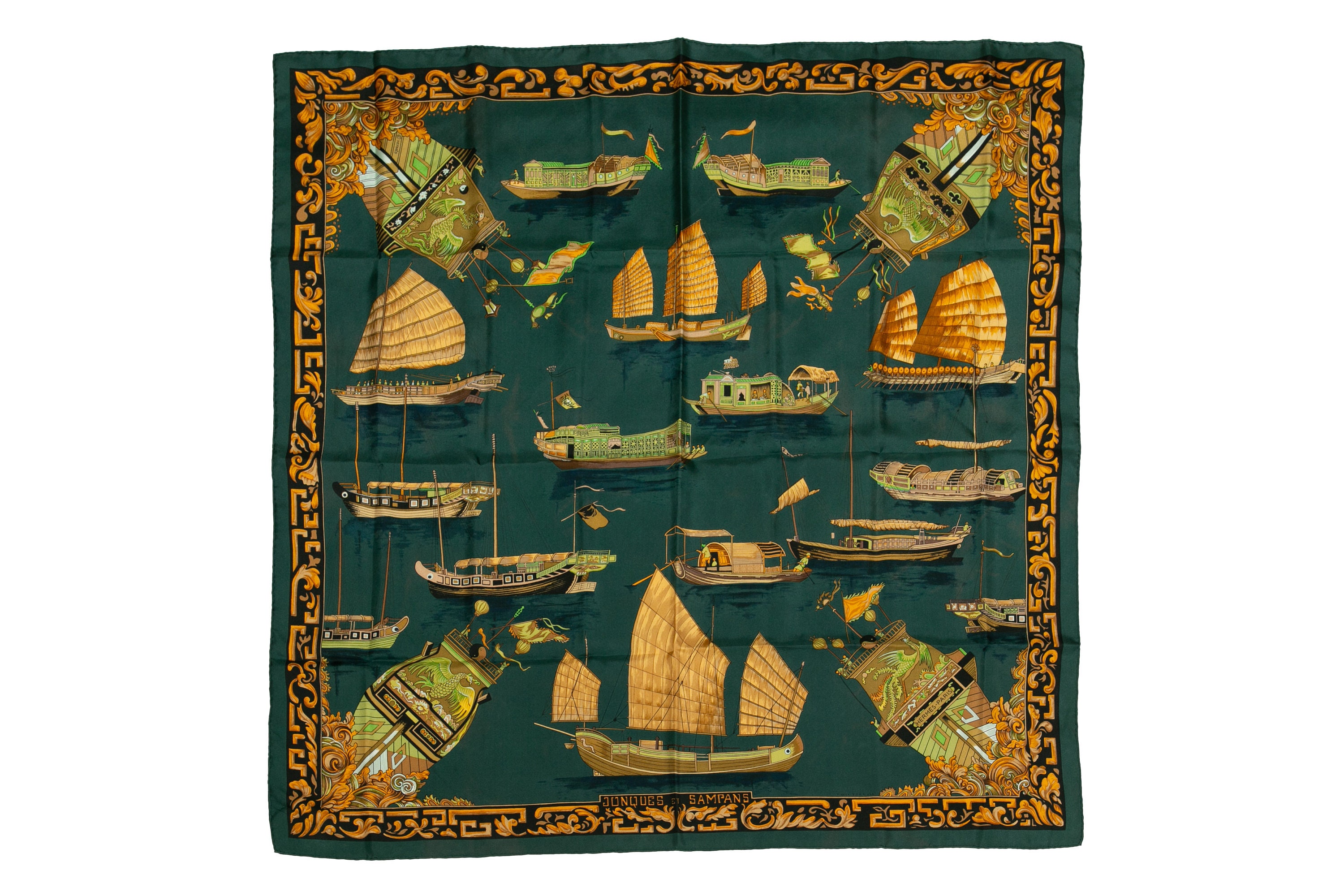 『5年保証』 Hermes Silk 100% Green Dark Sampans Et jonques 90 Scarf 小物