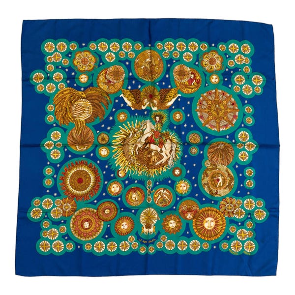 Hermes Silk Scarf Carre 90 "Le Roy Soleil" Blue Silk Scarf