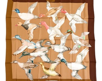 Hermes Silk Scarf Carre 90 &quot;Sauvagine en Vol&quot; Brown Silk Scarf