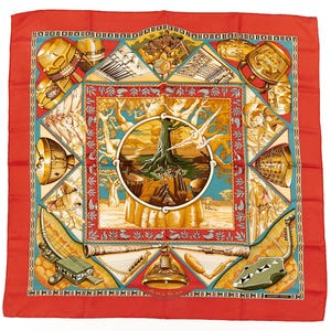 エルメス シルクスカーフ カレ90 「Au Son du Tam Tam」 レッド シルク