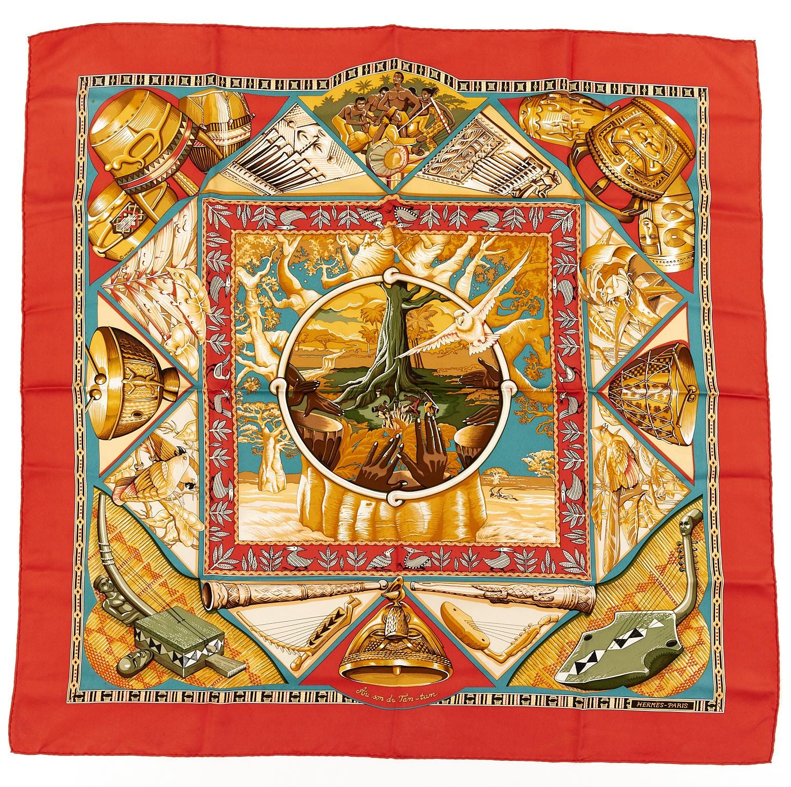 エルメス シルクスカーフ カレ90 「Au Son du Tam Tam」 レッド シルク