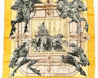 Hermes Carre 90 Scarf "La Fontaine de Bartholdi" Yellow Silk Scarf 35"(B-)