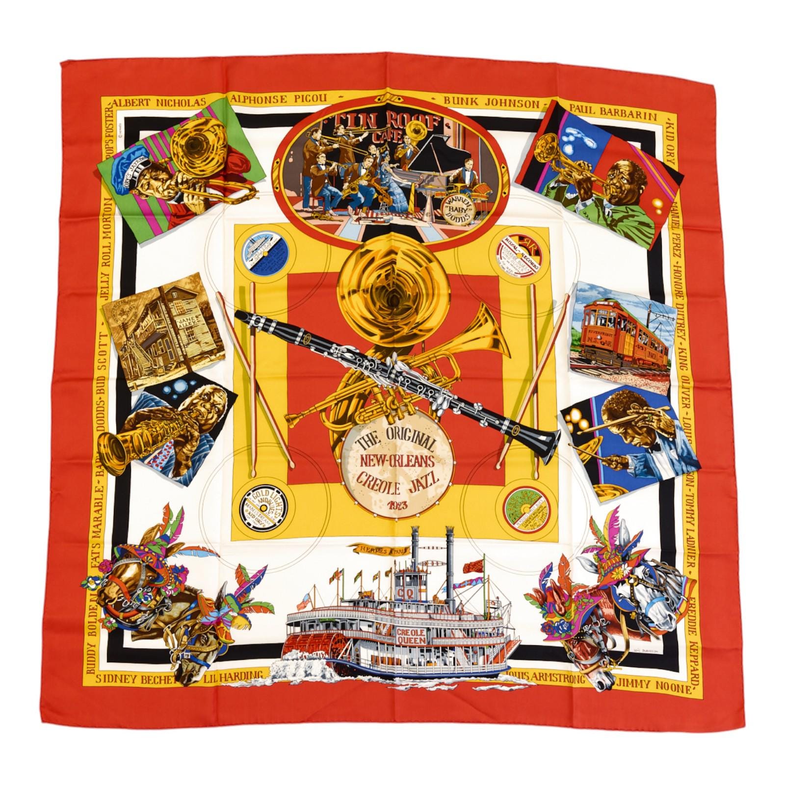 Hermes Silk Scarf Carre 90 "The Original New Orleans Creole Jazz 1923" Red Silk Scarf