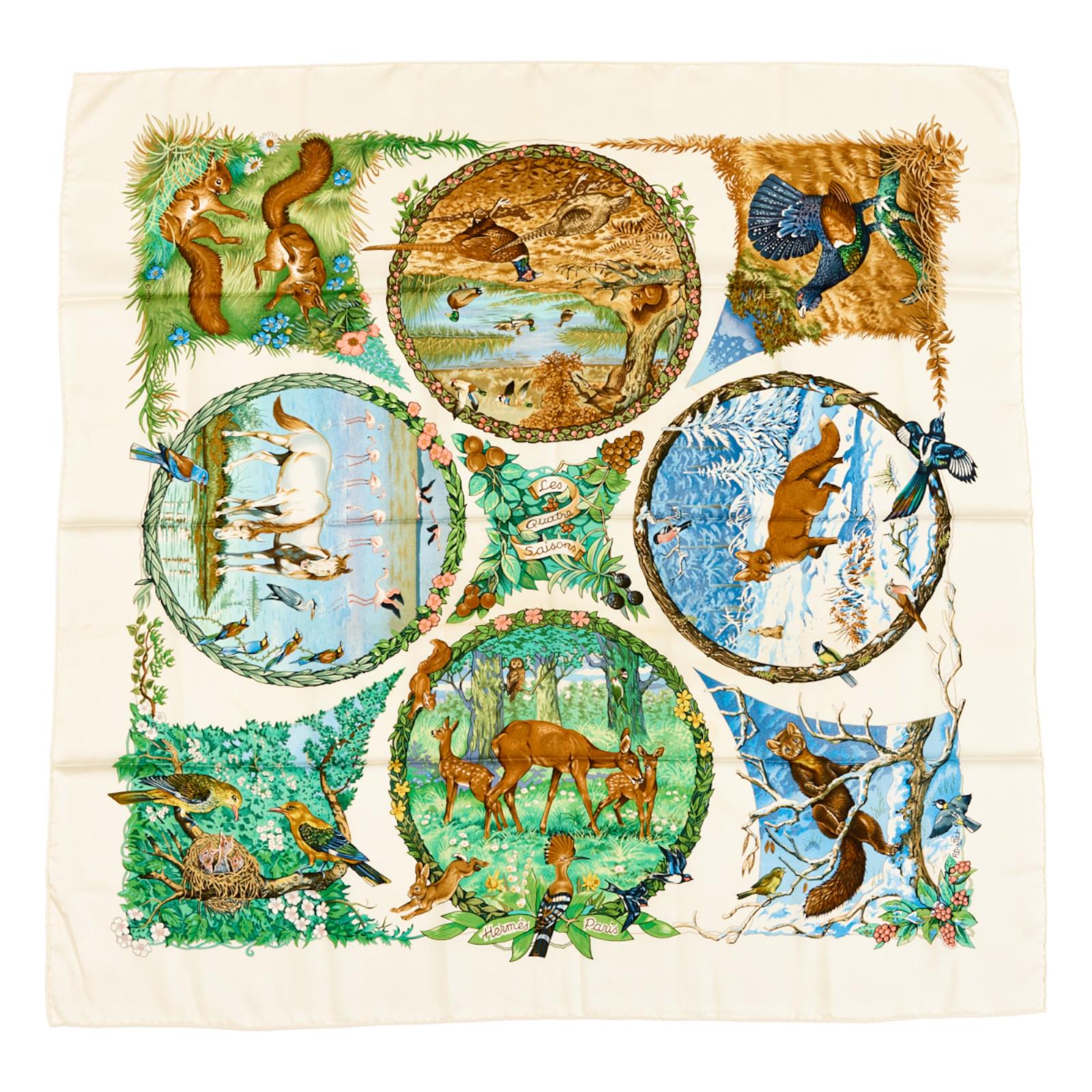 エルメス　カレ90 LES QUATRE SAISONS エルメス シルクスカーフ カレ90 「Les Quatre Saisons」 ホワイト