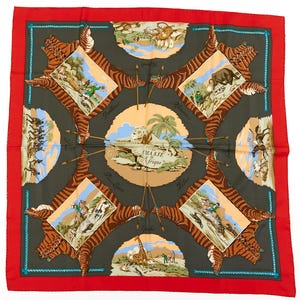 Hermes Silk Scarf Carre 90 &quot;La Chasse en Afrique&quot; Red Silk Scarf