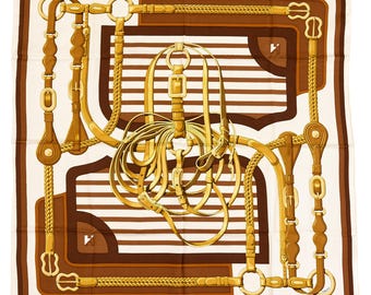 Hermes Silk Scarf Carre 90 "COACHING" Brown Silk Scarf  US Duty Free