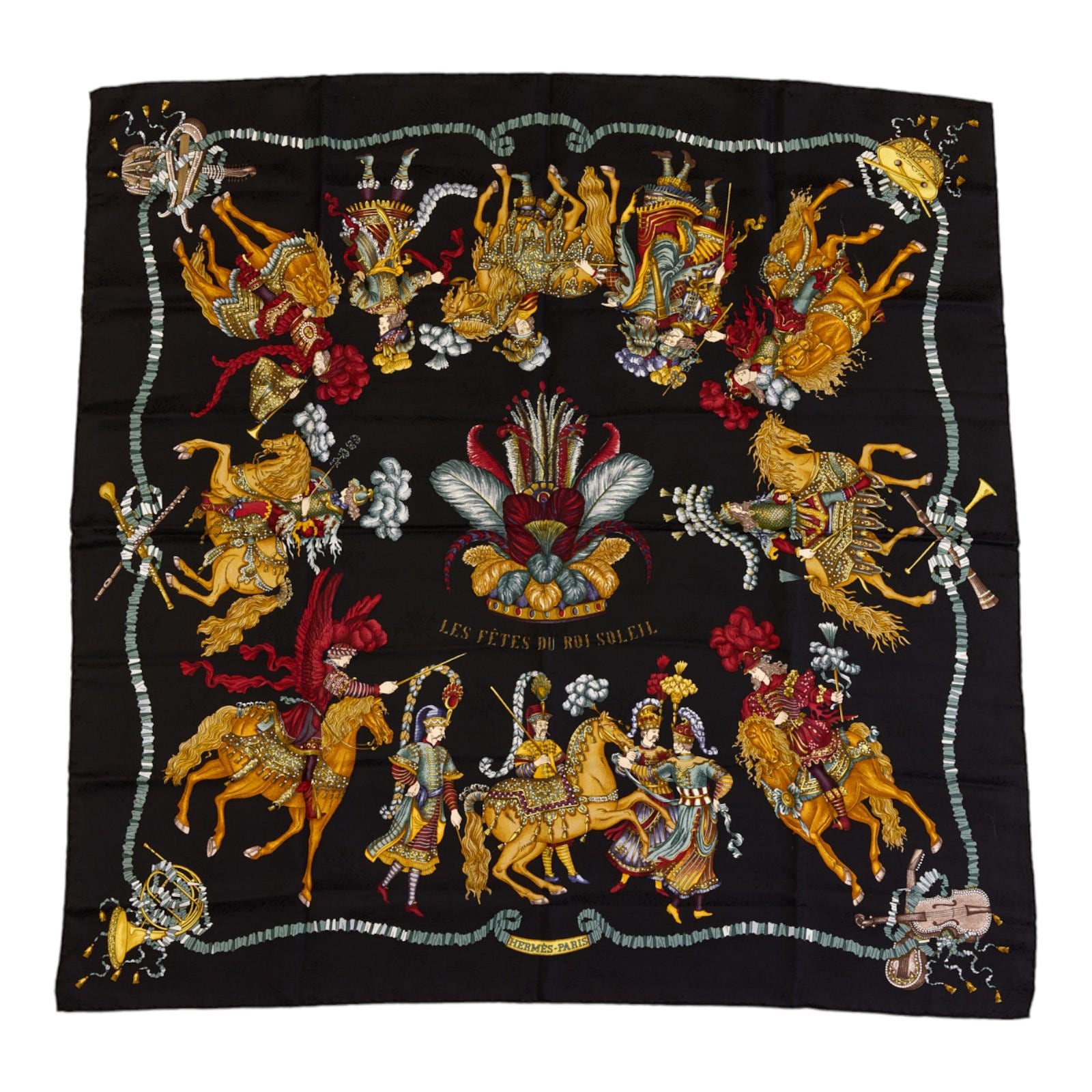 Hermes Silk Scarf Carre 90 "Les Fetes du Roi Soleil" Black Silk Scarf