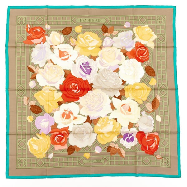 Hermes Silk Scarf Carre 90 "ROSERAIE" Green Silk Scarf