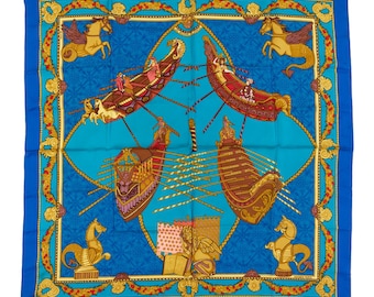 Hermes Silk Scarf Carre 90 &quot;Les Bissone de Venise&quot; Blue Silk Scarf